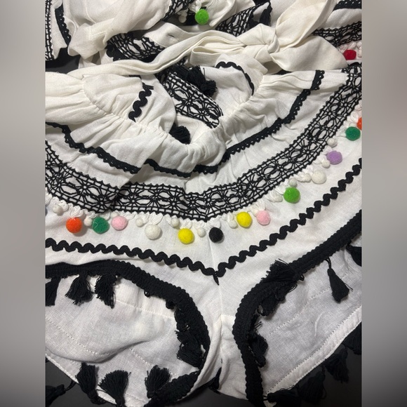DODO BAR OR Delilah White and Black Embroidered Romper with Colorful Pom Pom - Picture 6 of 9